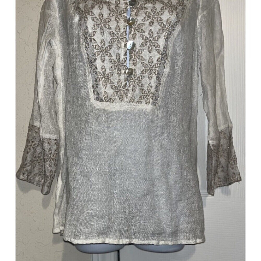 NWT Marilu` (Small) Linen Top Sheer Italy White Embroidered Slit Tunic Button - Picture 4 of 14